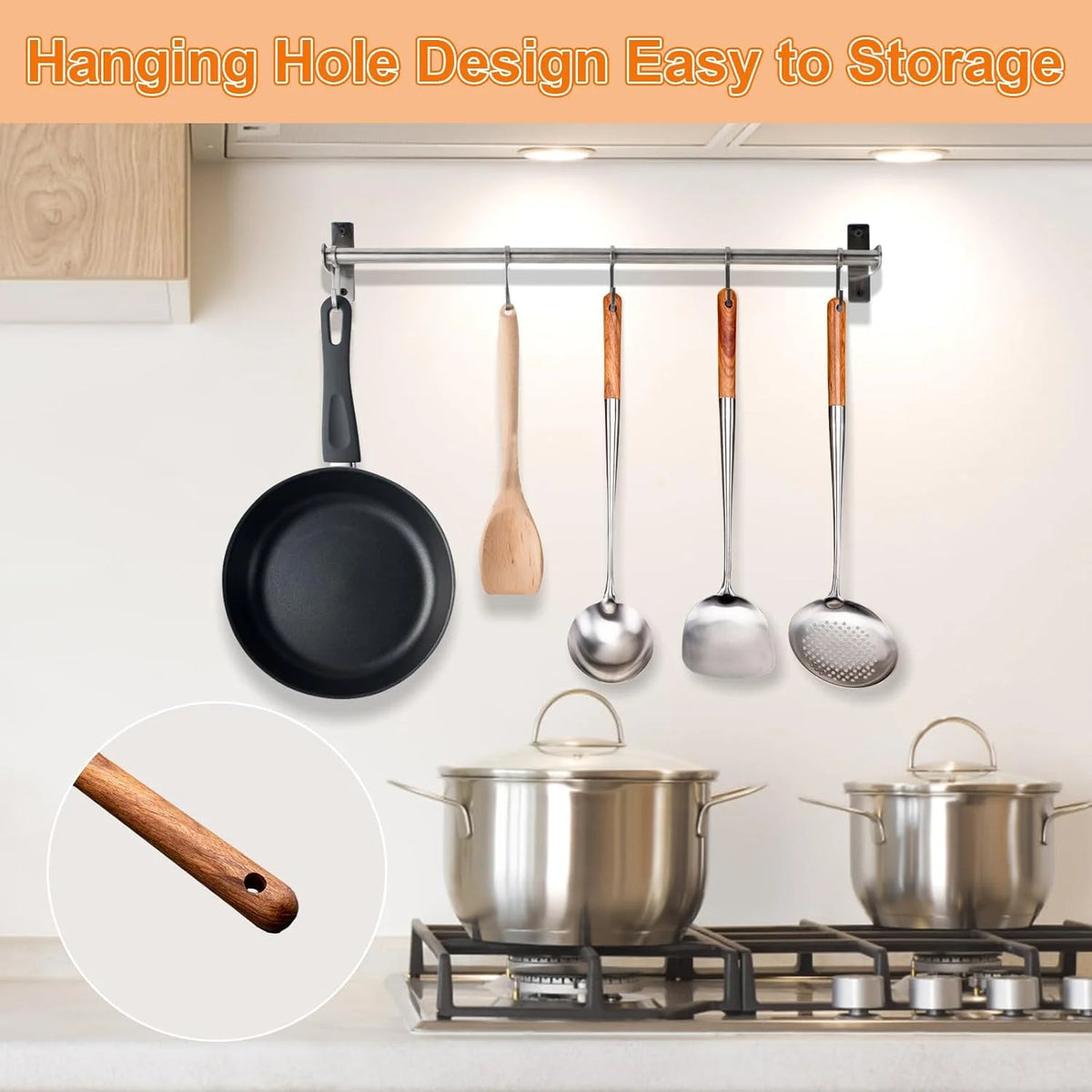 Wok Spatula and Ladle, Skimmer Spoon, Slotted Turner Spatula Set, Stainless Steel Kitchen Utensils Sets, with Wooden Handle