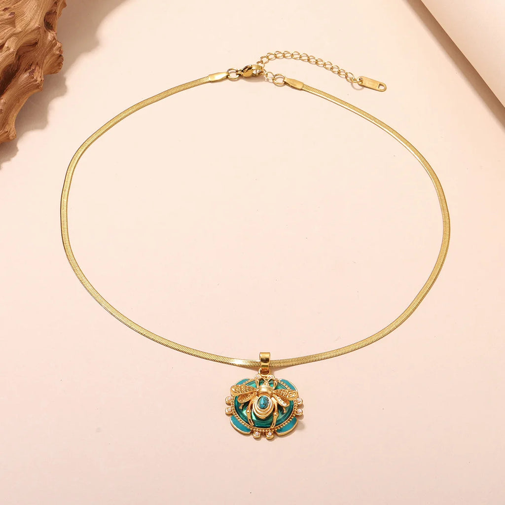 Elegant 18K Gold Plated Bee Charm Jewelry Set - Teal Enamel Ring, Pendant Necklace & Stud Earrings for Women