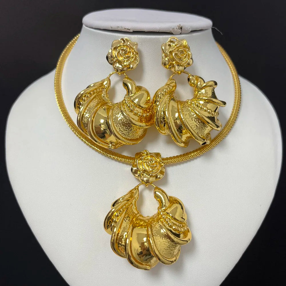 African Jewelry Set Irregular Design Hoop Earrings and Pendant 2PCS Set for Weddings Bridal Necklace Earrings Accessory