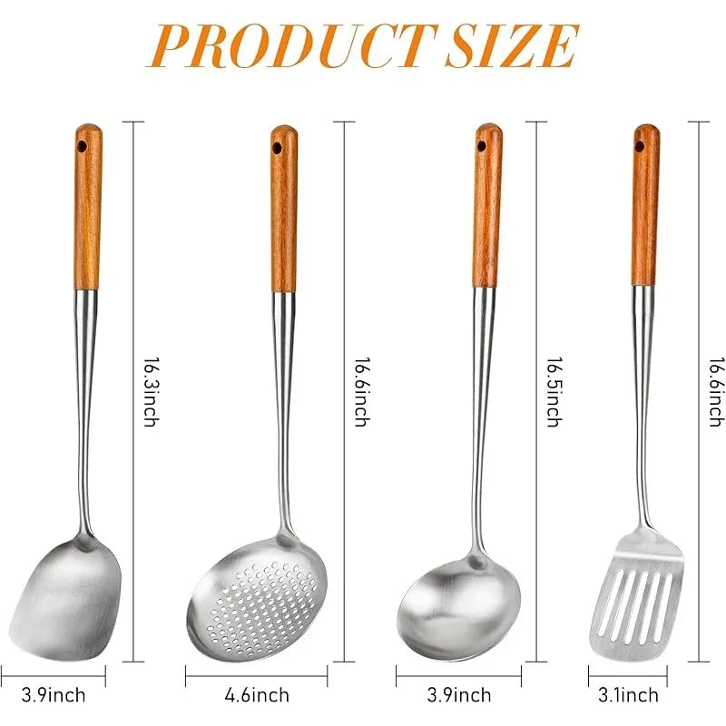 Wok Spatula and Ladle, Skimmer Spoon, Slotted Turner Spatula Set, Stainless Steel Kitchen Utensils Sets, with Wooden Handle