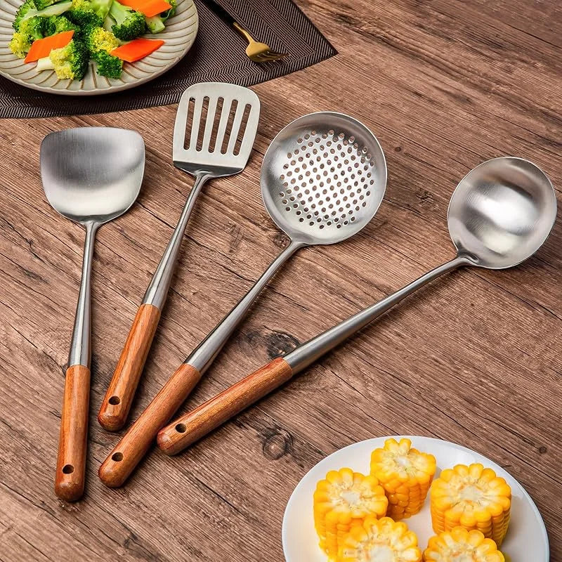 Wok Spatula and Ladle, Skimmer Spoon, Slotted Turner Spatula Set, Stainless Steel Kitchen Utensils Sets, with Wooden Handle