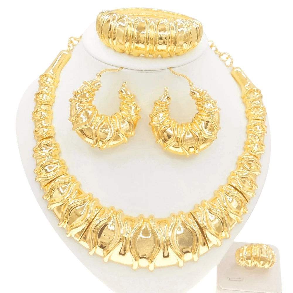 Fashion Dubai Gold Plated Women Jewelry Italian Design Style Big Necklace Banquet Festive Earrings Ring Accessories