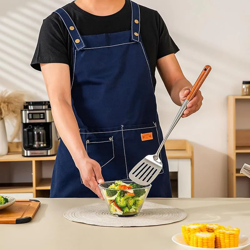 Wok Spatula and Ladle, Skimmer Spoon, Slotted Turner Spatula Set, Stainless Steel Kitchen Utensils Sets, with Wooden Handle