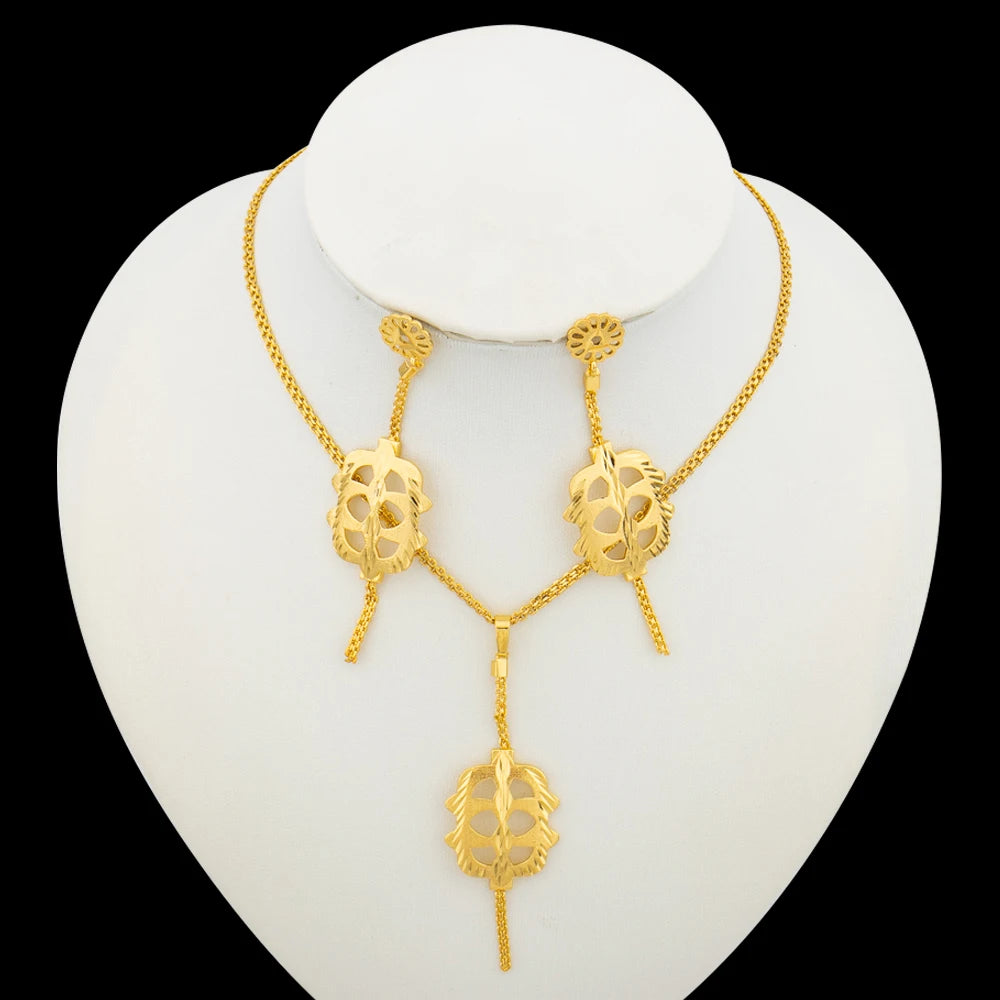Dubai Gold Color Necklace Jewelry Set for Women Dangle Earrings and Necklace Bridal Weddings Earrings Engagement  Jewellery Gift