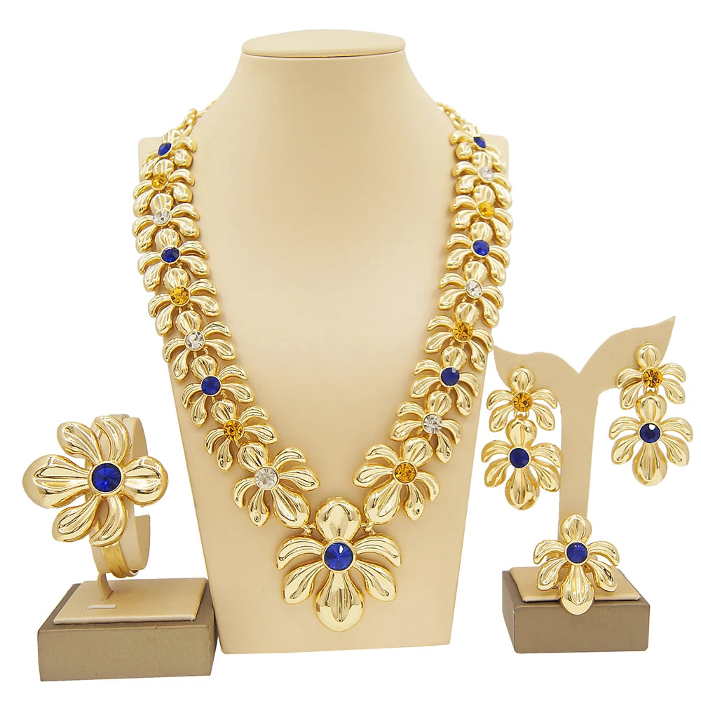 Dubai Gold Plated WomenJewelry Set Colorful Created Stone Necklace Nigerian Wedding Bijoux Gold Jewelry 24k Original