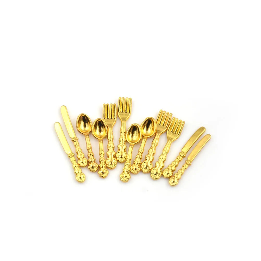 12PCS 1:12 Dollhouse Miniature Fork Knife Soup Tableware Kitchen Furniture Toys Children's toys and family utensils