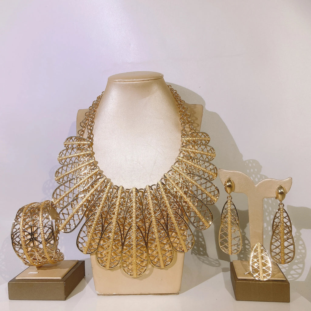 Italian Jewelry Sets For Women Gold Plated Necklace Cutout Feather Designer Style Open Bracelet Earrings Dinner Party Bijoux