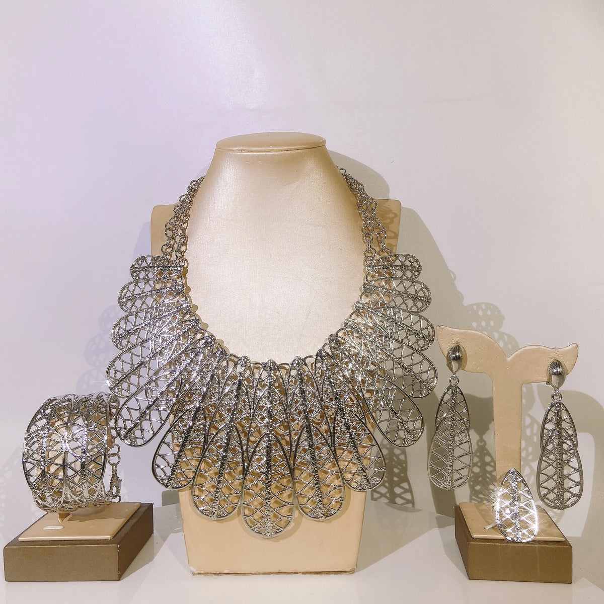 Italian Jewelry Sets For Women Gold Plated Necklace Cutout Feather Designer Style Open Bracelet Earrings Dinner Party Bijoux