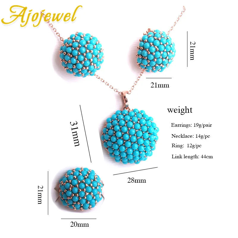 Ajojewel New Blue Hydrangea Flower Jewelry Sets For Women Ladies Beautiful Resin Earrings Pendant Necklace Ring Size 7,8,9