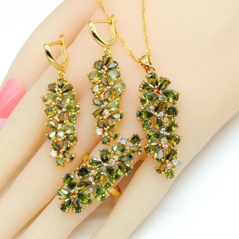 Luxury Multi Color Zirconia Gold Color wedding Jewelry Sets for Women Earrings Necklace Pendant Rings Gift Box