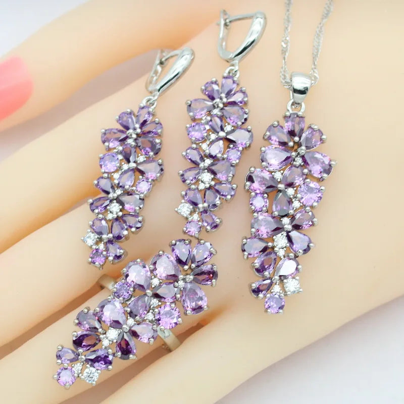 Luxury Multi Color Zirconia Gold Color wedding Jewelry Sets for Women Earrings Necklace Pendant Rings Gift Box