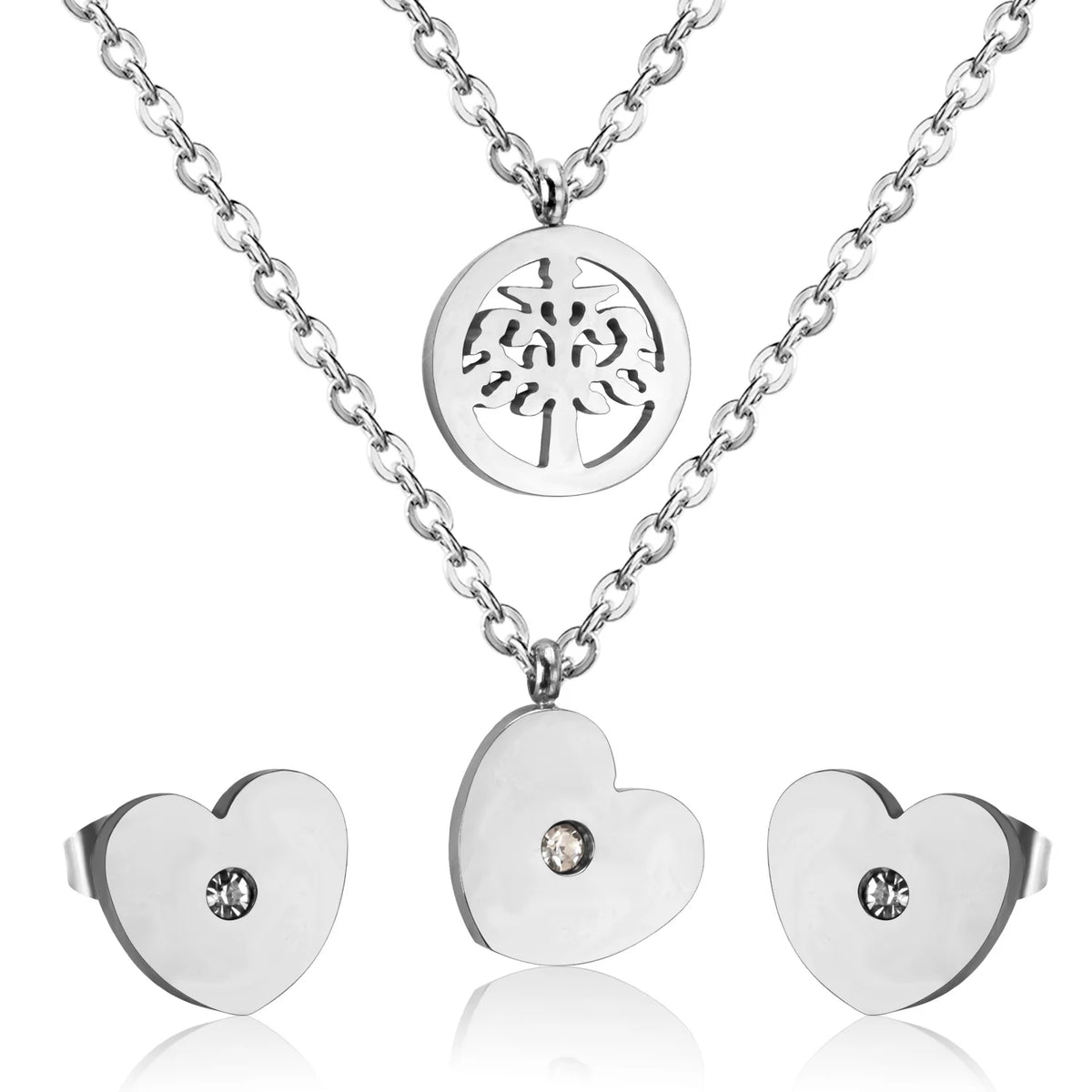 LUXUSTEEL Cubic Zirconia Jewelry Sets Stainless Steel Double Round Pendant Necklace Earring Sets Female Chain Jewelry Bijoux