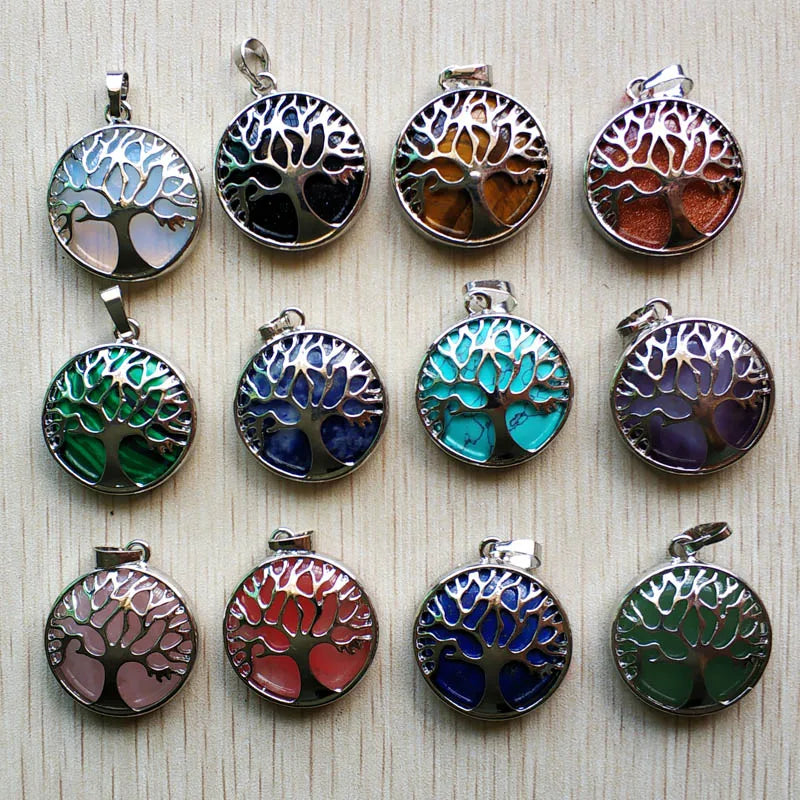 Wholesale 12pcs/lot Fashion Natural Stone Alloy Tree of Life Mix Pendants for Necklaces Jewelry Accessories Making Fast Shipping