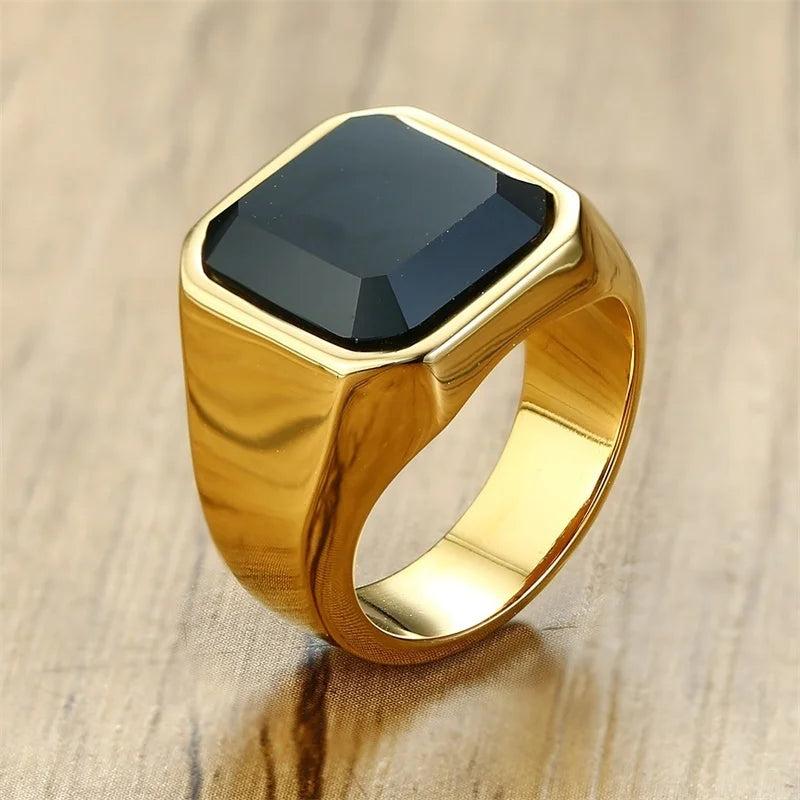 Vnox 12.5mm Signet Ring for Men, Black Square Top Stainless Steel Finger Band, Gothic Punk Rock Boy Stamp Rings