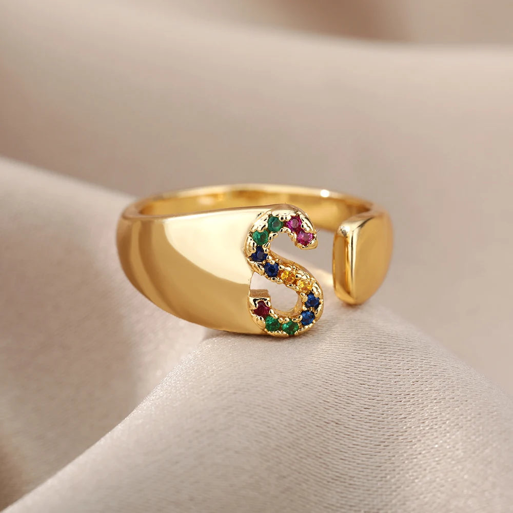 Rainbow Zircon Letter Rings For Women Fashion Chunky Wide Letter A-Z Stainless Steel Ring Wedding Boho Jewelry free shipping