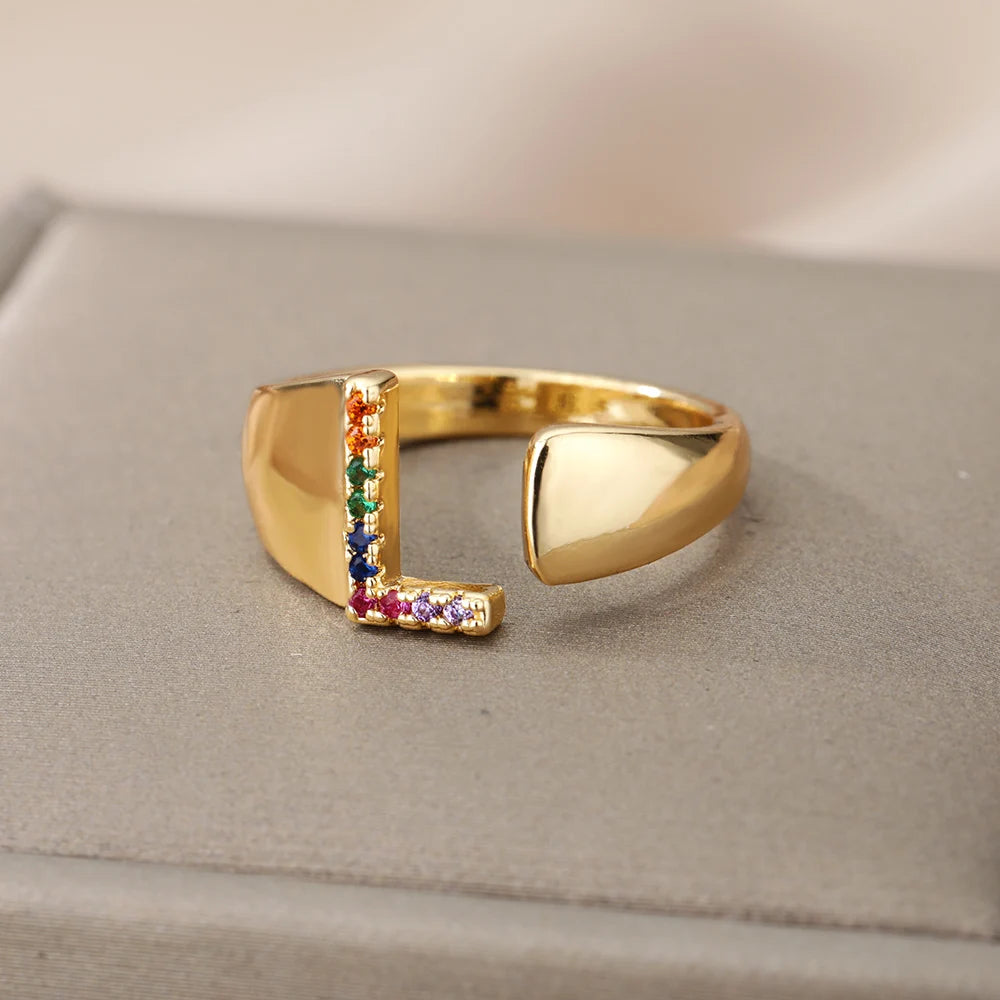 Rainbow Zircon Letter Rings For Women Fashion Chunky Wide Letter A-Z Stainless Steel Ring Wedding Boho Jewelry free shipping