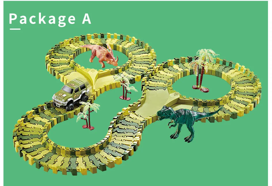 Dinosaur Themed Plastic Racing Track Set Bend Flexible Race Track with Electronic Car Educational Toys for Children