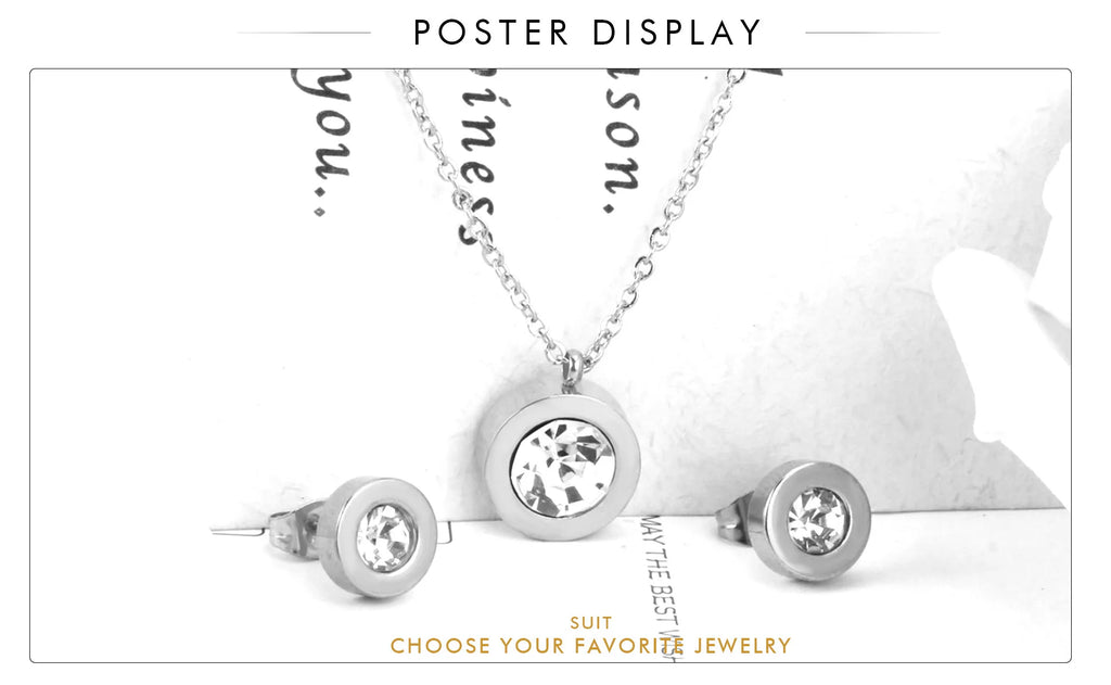 LUXUSTEEL Cubic Zirconia Jewelry Sets Stainless Steel Double Round Pendant Necklace Earring Sets Female Chain Jewelry Bijoux