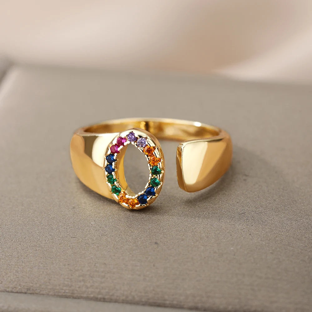 Rainbow Zircon Letter Rings For Women Fashion Chunky Wide Letter A-Z Stainless Steel Ring Wedding Boho Jewelry free shipping