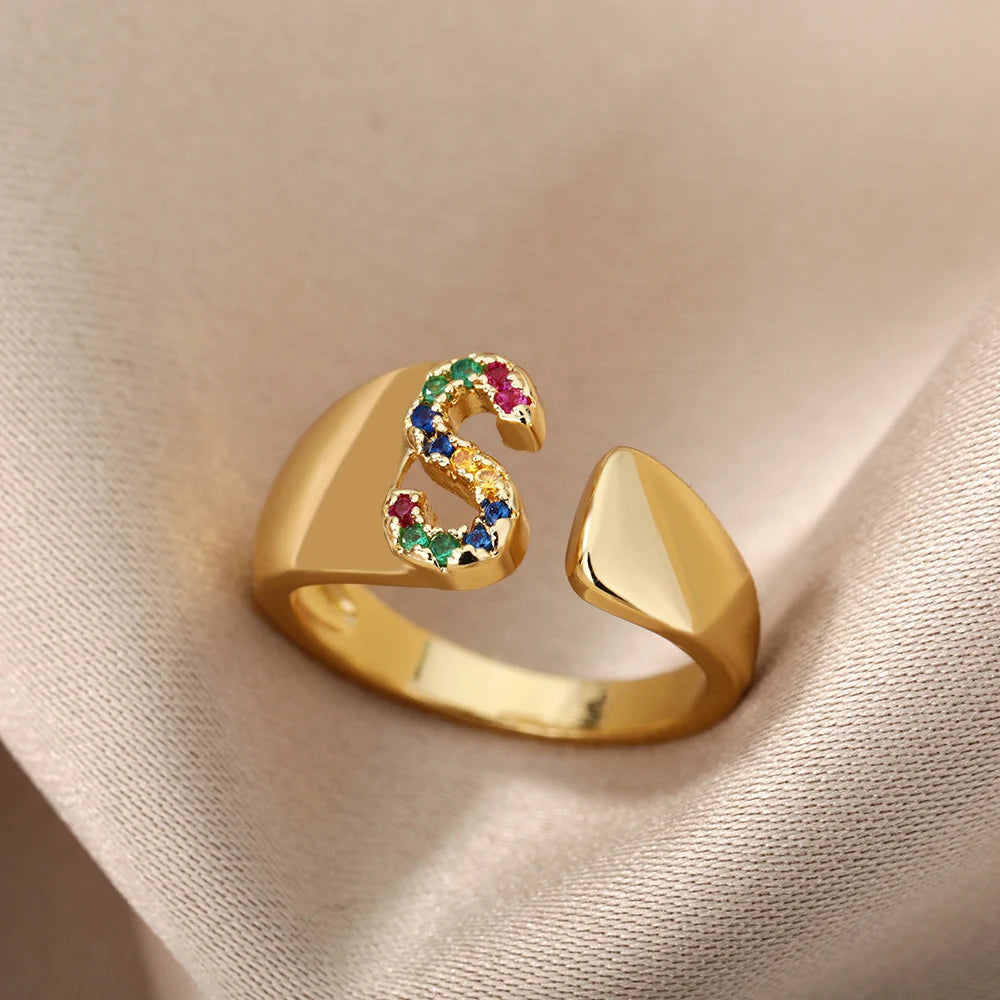 Rainbow Zircon Letter Rings For Women Fashion Chunky Wide Letter A-Z Stainless Steel Ring Wedding Boho Jewelry free shipping