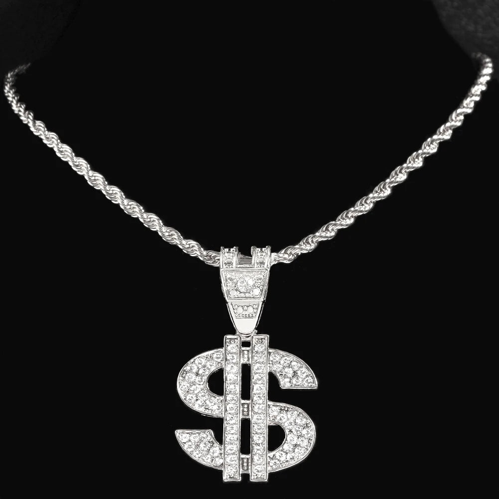 Bling Rhinestone Dollar Pendant Necklace For Men Silver Color Iced out 13mm Cuban Chain Choker Necklaces Hiphop Rap Rock Jewelry
