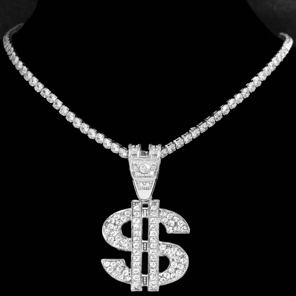 Bling Rhinestone Dollar Pendant Necklace For Men Silver Color Iced out 13mm Cuban Chain Choker Necklaces Hiphop Rap Rock Jewelry