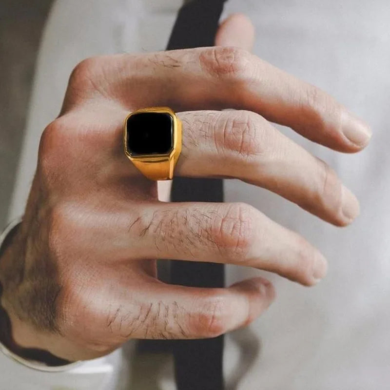 Vnox 12.5mm Signet Ring for Men, Black Square Top Stainless Steel Finger Band, Gothic Punk Rock Boy Stamp Rings