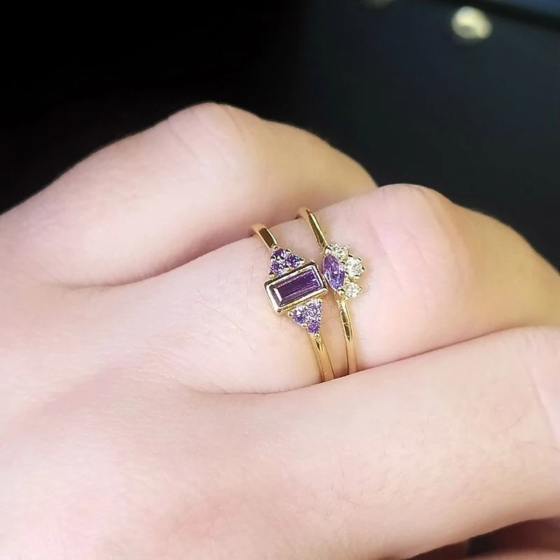 Trendy 18K Gold Plated Engagement Ring for Women Luxury Fashion Elegant Purple Crystal Wedding Rings Party Jewelry Gifts