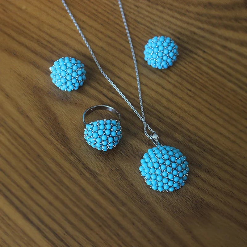 Ajojewel New Blue Hydrangea Flower Jewelry Sets For Women Ladies Beautiful Resin Earrings Pendant Necklace Ring Size 7,8,9