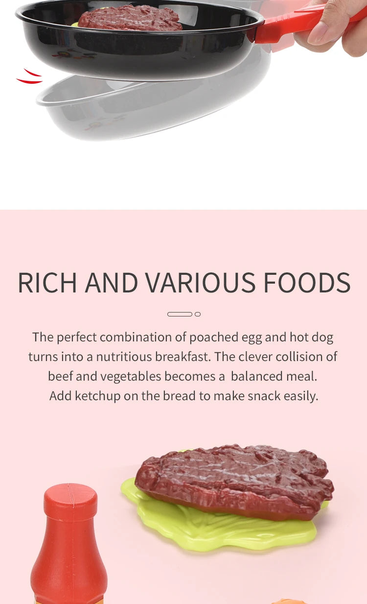 Children Kitchen Food Toys Simulation Frying Pan Vegetables Steak Bread Hot Dog Omelette Play Toy Set for Kids Girls Education