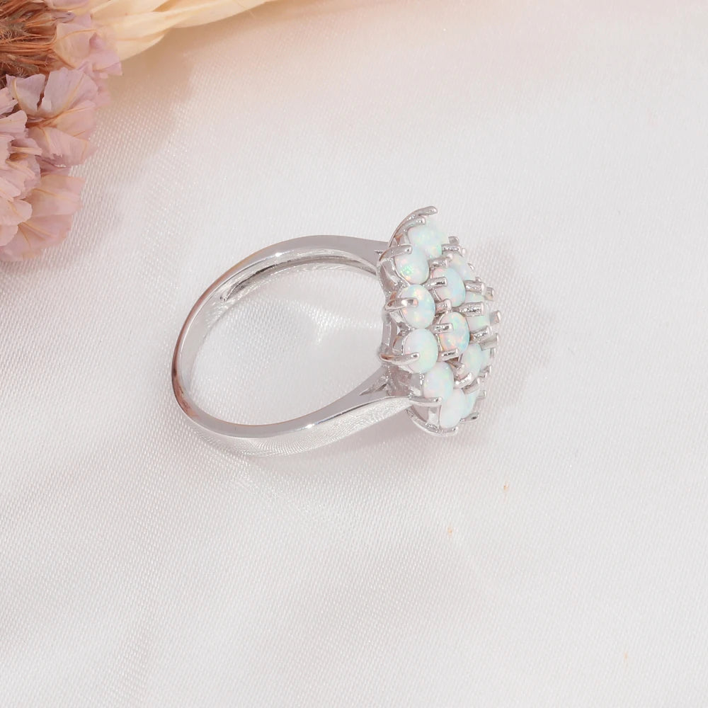 CiNily Luxury White Round Fire Opal Ring 925 Sterling Silver Flower Bloom Plant Big Ring Wedding Party Fashion Jewelry for Women
