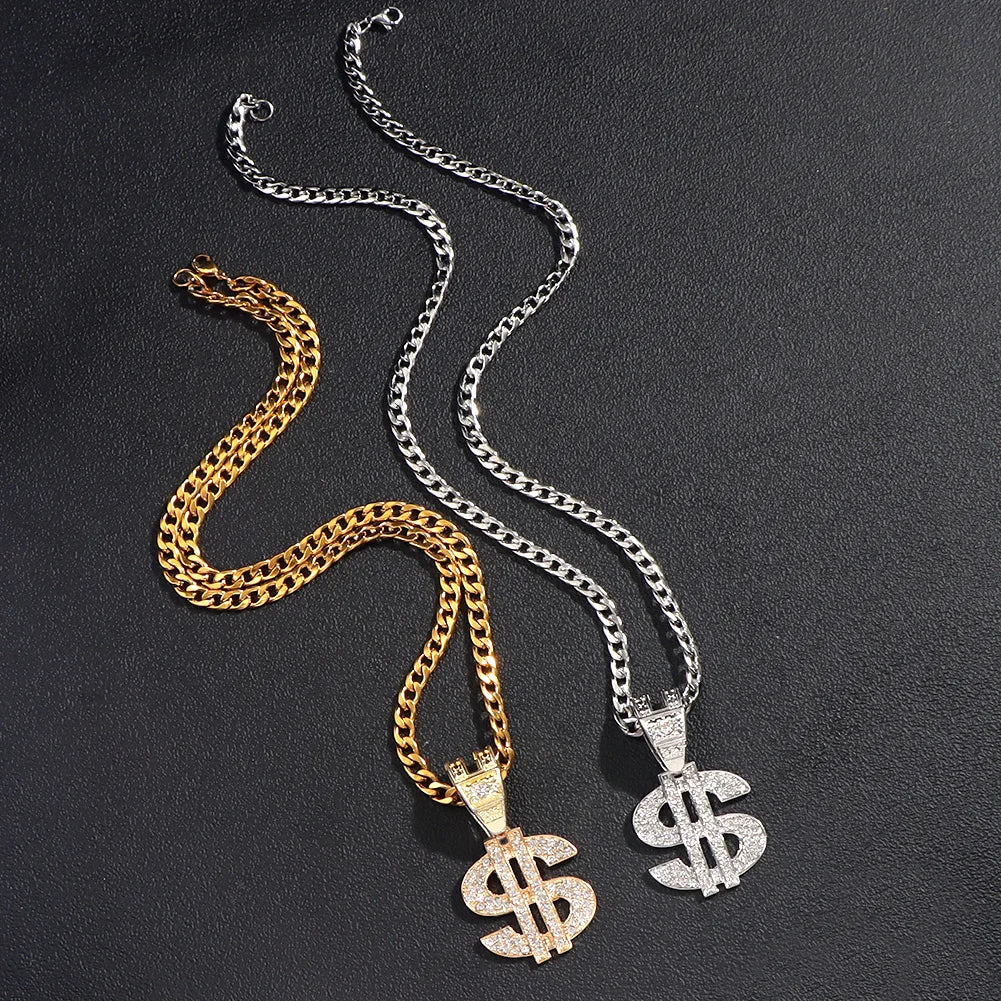 Bling Rhinestone Dollar Pendant Necklace For Men Silver Color Iced out 13mm Cuban Chain Choker Necklaces Hiphop Rap Rock Jewelry