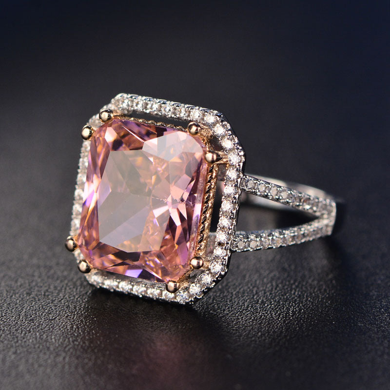 Top Quality Silver Jewelry Sets Pink Quartz Cubic Zircon Ring Earrings Necklace Wedding Exquisite Jewelry Wholesale FCGJHW