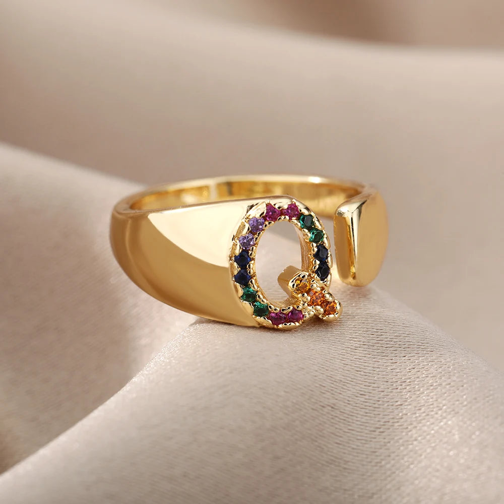 Rainbow Zircon Letter Rings For Women Fashion Chunky Wide Letter A-Z Stainless Steel Ring Wedding Boho Jewelry free shipping