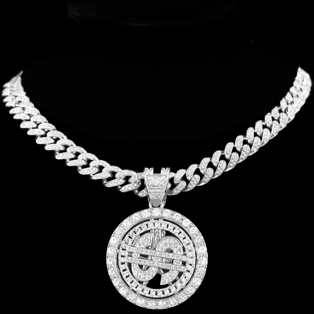 Bling Rhinestone Dollar Pendant Necklace For Men Silver Color Iced out 13mm Cuban Chain Choker Necklaces Hiphop Rap Rock Jewelry