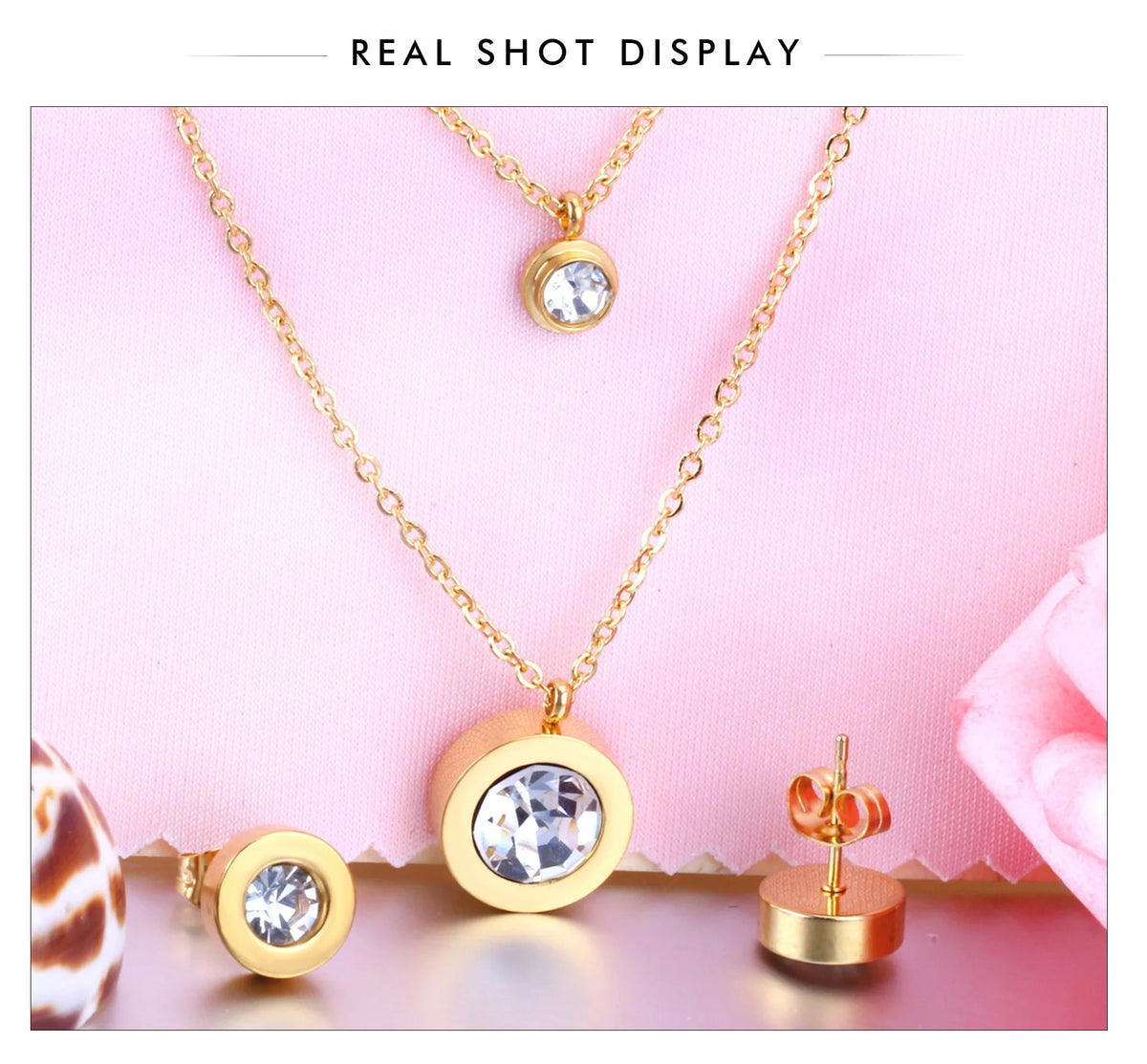 LUXUSTEEL Cubic Zirconia Jewelry Sets Stainless Steel Double Round Pendant Necklace Earring Sets Female Chain Jewelry Bijoux