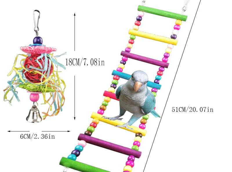 Combination Bird Toys Set Swing Chewing Training Toys Small Parrot Hanging Hammock Parrot Cage Bell Perch Toys with Ladder Toys