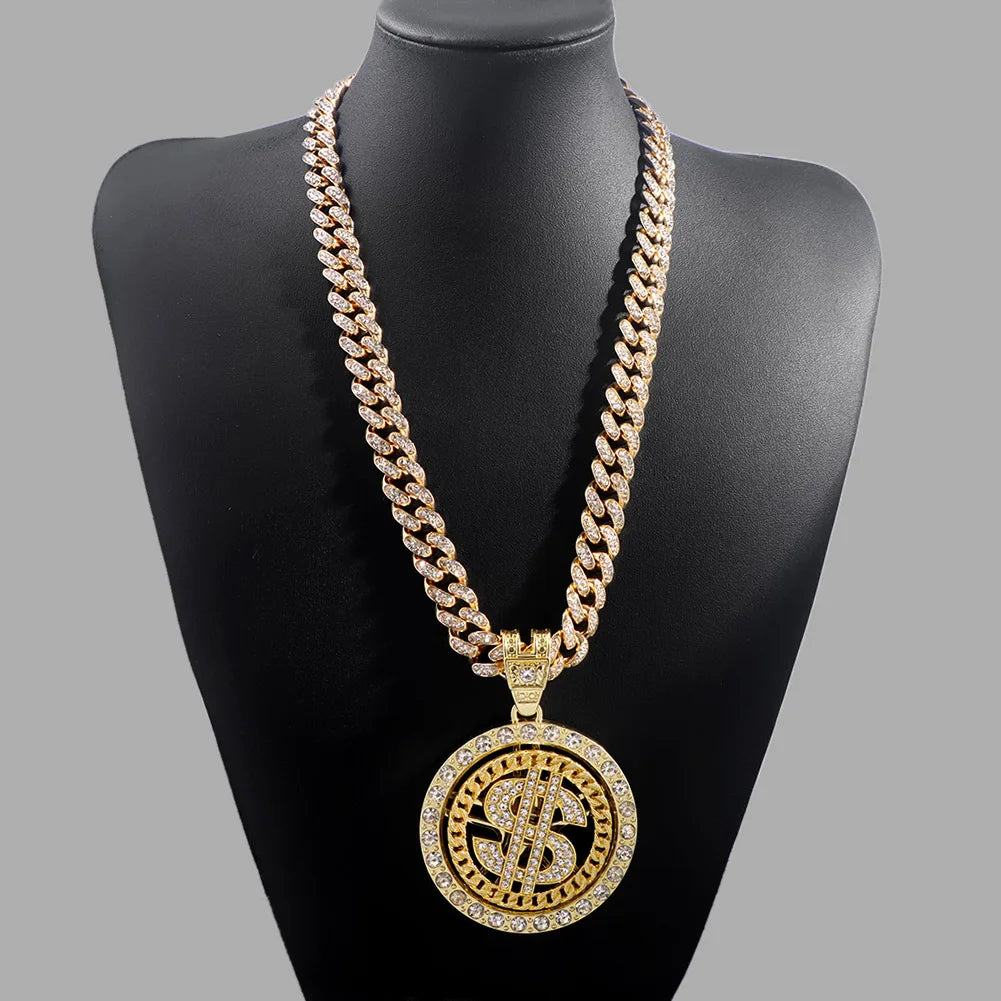 Bling Rhinestone Dollar Pendant Necklace For Men Silver Color Iced out 13mm Cuban Chain Choker Necklaces Hiphop Rap Rock Jewelry