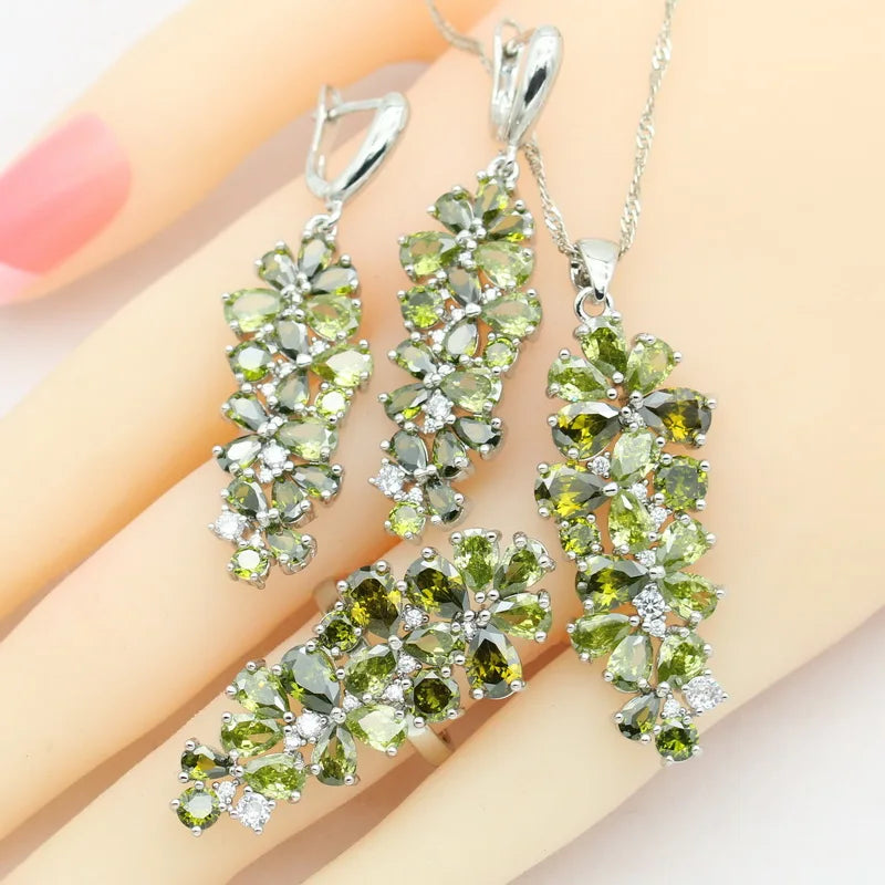 Luxury Multi Color Zirconia Gold Color wedding Jewelry Sets for Women Earrings Necklace Pendant Rings Gift Box