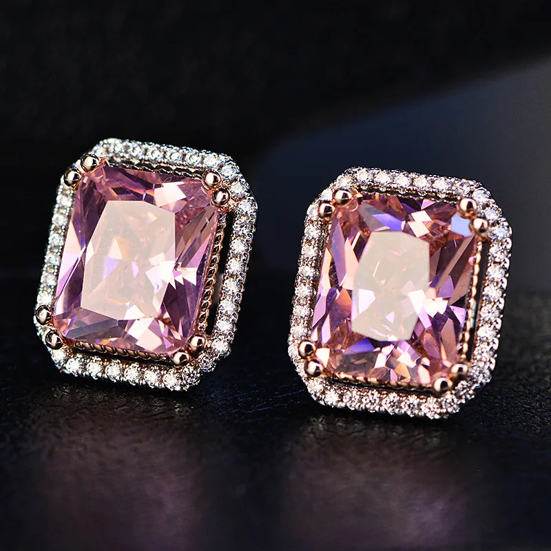 Top Quality Silver Jewelry Sets Pink Quartz Cubic Zircon Ring Earrings Necklace Wedding Exquisite Jewelry Wholesale FCGJHW