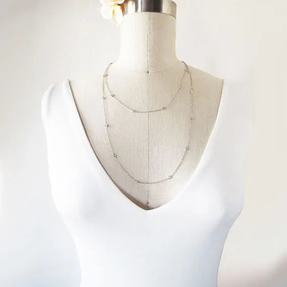 3MM Bezel Set Round Dot Geometric CZ Station Chain Necklace 100% 925 Stelring Silver 46cm 85cm 102cm Multi Layer Chains