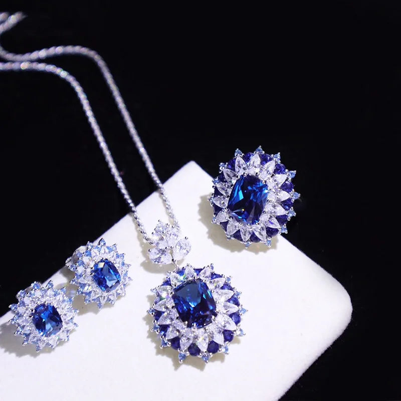 Foydjew Artificial Simulation Emerald Set Royal Sapphires Color Treasure Pendants Necklaces Open Rings Inlaid Stud Earrings