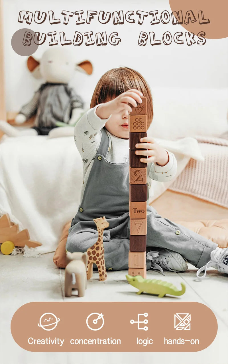 10pcs Baby Wooden Toys Educational Building Blocks 3D Stacking Block Teaching Numbers English Early Education Montessori Toys