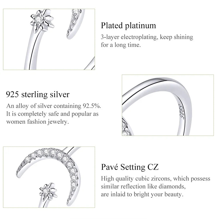 WOSTU Real 925 Sterling Silver Open Ring Finger Adjustable Size Wedding Rings For Women Engagement Fashion Silver Jewelry Gift