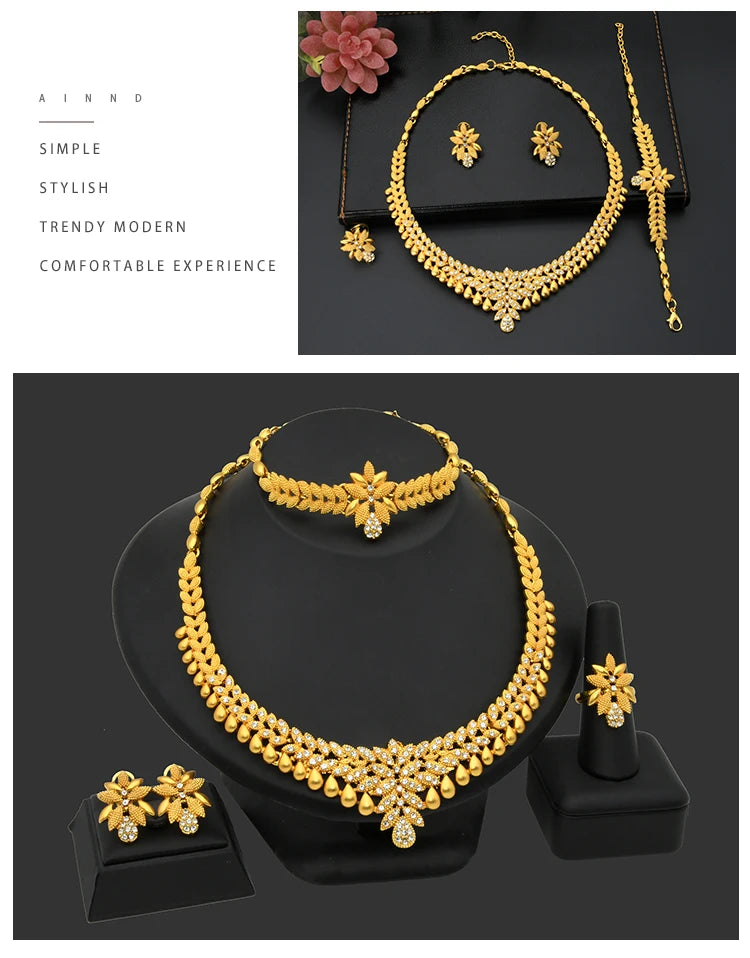 ANIID African Jewelry Set Big Necklace Dubai Ethiopian Gold Color Jewelery Earring Bracelet For Women Bridal Choker Wholesale