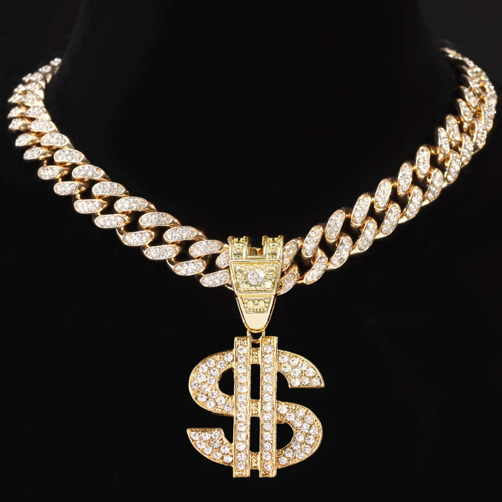 Bling Rhinestone Dollar Pendant Necklace For Men Silver Color Iced out 13mm Cuban Chain Choker Necklaces Hiphop Rap Rock Jewelry