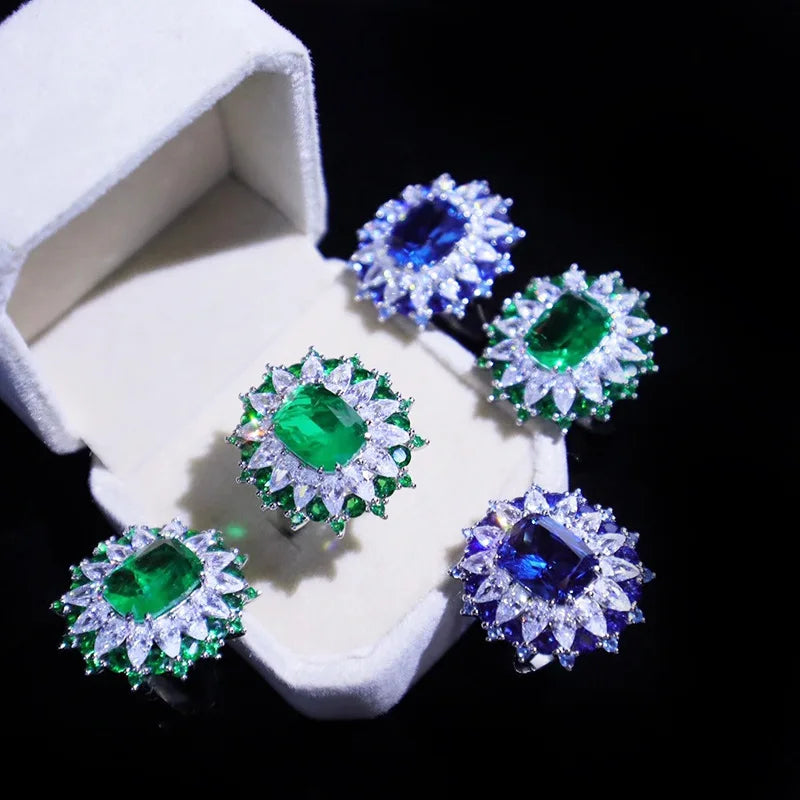Foydjew Artificial Simulation Emerald Set Royal Sapphires Color Treasure Pendants Necklaces Open Rings Inlaid Stud Earrings