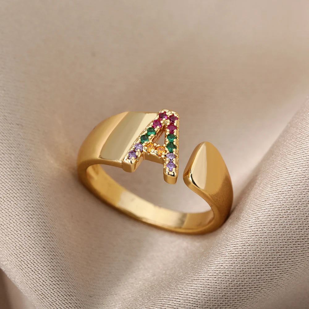 Rainbow Zircon Letter Rings For Women Fashion Chunky Wide Letter A-Z Stainless Steel Ring Wedding Boho Jewelry free shipping