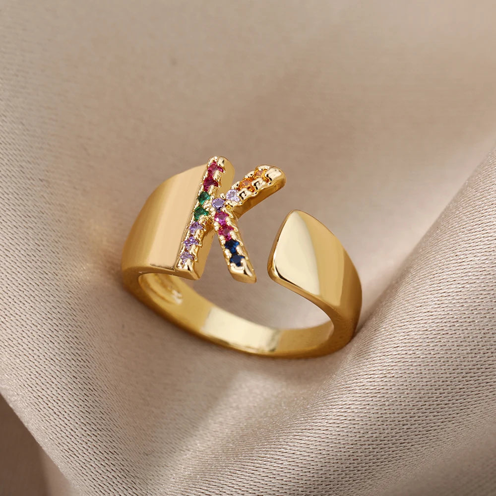 Rainbow Zircon Letter Rings For Women Fashion Chunky Wide Letter A-Z Stainless Steel Ring Wedding Boho Jewelry free shipping