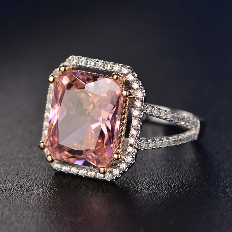 Top Quality Silver Jewelry Sets Pink Quartz Cubic Zircon Ring Earrings Necklace Wedding Exquisite Jewelry Wholesale FCGJHW